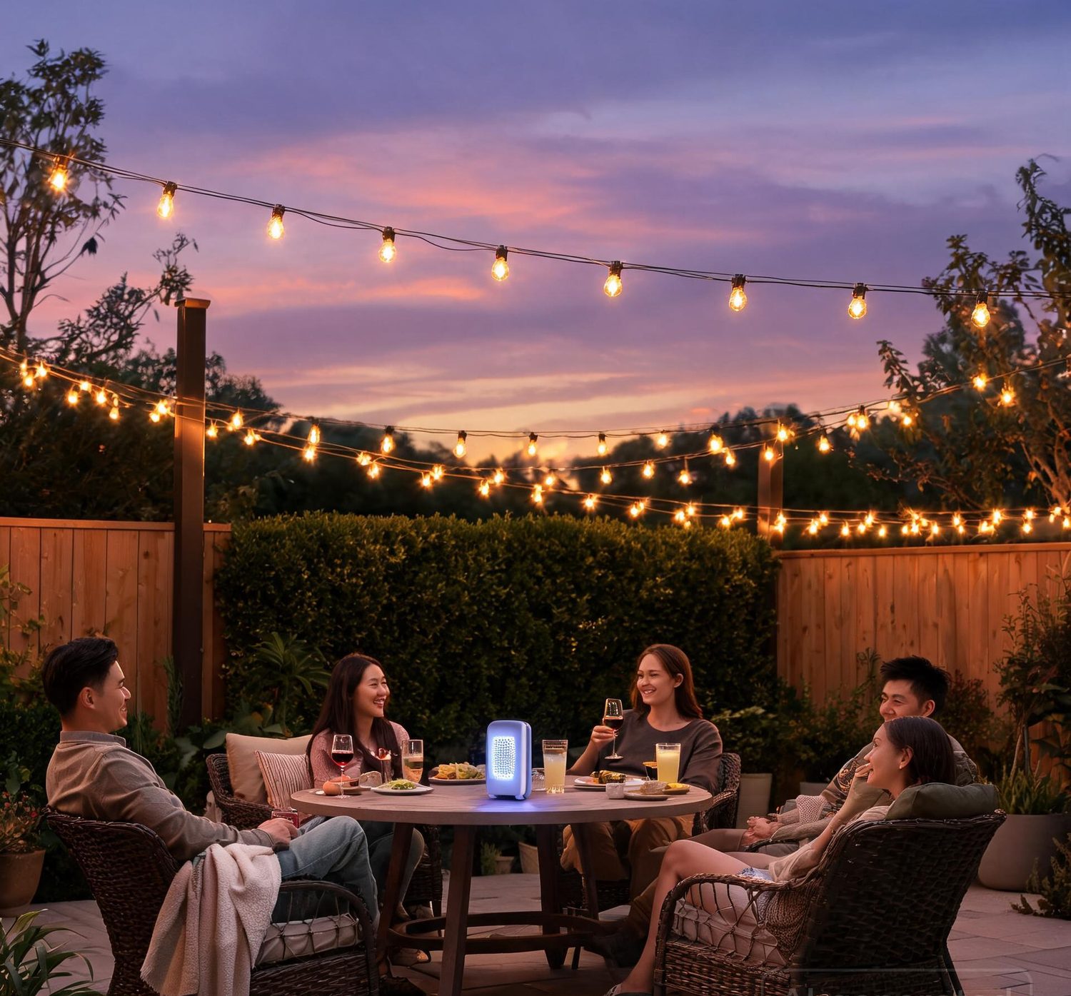 Bug-free backyard patio at dusk