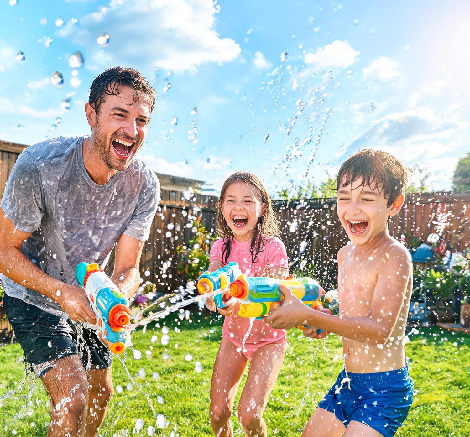 Kids in a backyard water gun fight